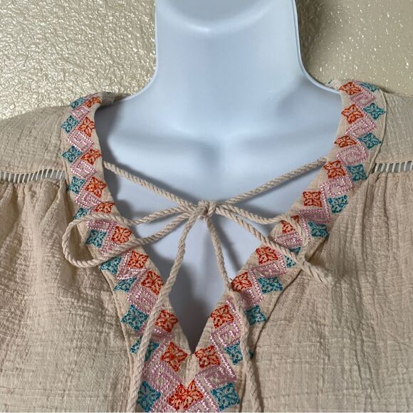 Beige Tassel Drawstring Boho Chic Embroidered Half Sleeve V Neck Top Size M - Picture 8 of 15